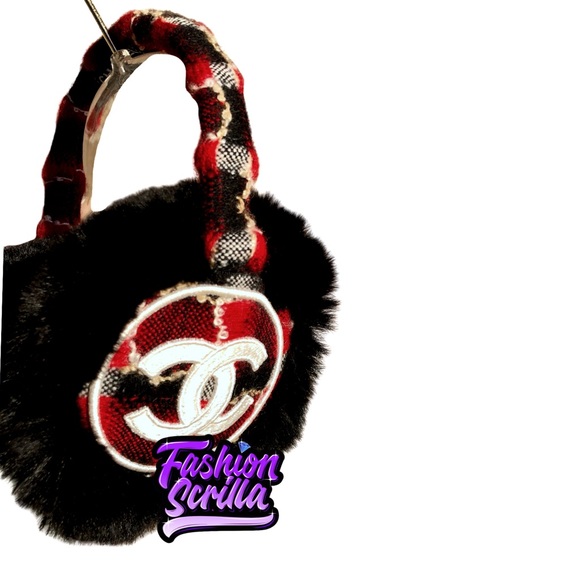Chanel Couture Black Orylag Fur Red Gray & White Tweed Earmuffs - Picture 9 of 14